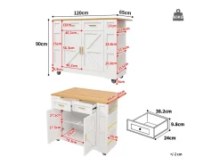 Carrinho de cozinha móvel com tampo extensível em folheado de madeira, 2 gavetas, 2 portas e prateleiras incluídas, branco - 120x65x90cm
