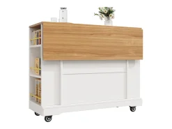 Carrinho de cozinha móvel com tampo extensível em folheado de madeira, 2 gavetas, 2 portas e prateleiras incluídas, branco - 120x65x90cm
