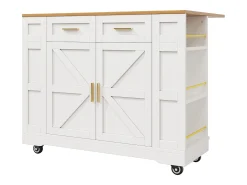 Carrinho de cozinha móvel com tampo extensível em folheado de madeira, 2 gavetas, 2 portas e prateleiras incluídas, branco - 120x65x90cm
