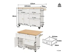 Carrinho de cozinha móvel com tampo extensível em folheado de madeira, 3 gavetas e 3 portas incluídas, branco - 133x70x88cm