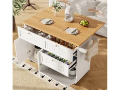 Carrinho de cozinha móvel com tampo extensível em folheado de madeira, 3 gavetas e 3 portas incluídas, branco - 133x70x88cm