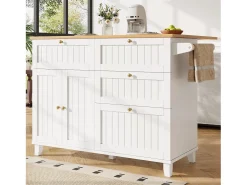 Carrinho de cozinha móvel com tampo extensível em folheado de madeira, 3 gavetas e 3 portas incluídas, branco - 133x70x88cm