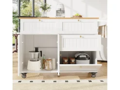 Carrinho de cozinha móvel com tampo extensível em folheado de madeira, 3 gavetas e 3 portas incluídas, branco - 133x70x88cm