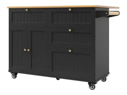 Carrinho de cozinha móvel com tampo extensível em folheado de madeira, 3 gavetas e 3 portas incluídas, preto - 133x70x88cm