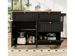 Carrinho de cozinha móvel com tampo extensível em folheado de madeira, 3 gavetas e 3 portas incluídas, preto - 133x70x88cm
