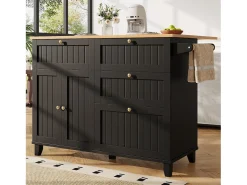 Carrinho de cozinha móvel com tampo extensível em folheado de madeira, 3 gavetas e 3 portas incluídas, preto - 133x70x88cm