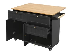 Carrinho de cozinha móvel com tampo extensível em folheado de madeira, 3 gavetas e 3 portas incluídas, preto - 133x70x88cm