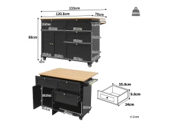 Carrinho de cozinha móvel com tampo extensível em folheado de madeira, 3 gavetas e 3 portas incluídas, preto - 133x70x88cm