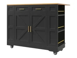 Carrinho de cozinha móvel com tampo extensível em folheado de madeira, 2 gavetas, 2 portas e prateleiras incluídas, preto - 120x65x90cm