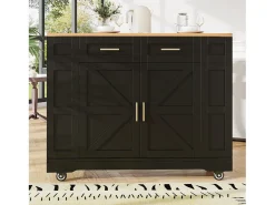 Carrinho de cozinha móvel com tampo extensível em folheado de madeira, 2 gavetas, 2 portas e prateleiras incluídas, preto - 120x65x90cm