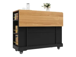 Carrinho de cozinha móvel com tampo extensível em folheado de madeira, 2 gavetas, 2 portas e prateleiras incluídas, preto - 120x65x90cm