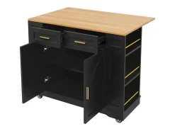 Carrinho de cozinha móvel com tampo extensível em folheado de madeira, 2 gavetas, 2 portas e prateleiras incluídas, preto - 120x65x90cm