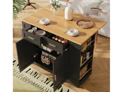 Carrinho de cozinha móvel com tampo extensível em folheado de madeira, 2 gavetas, 2 portas e prateleiras incluídas, preto - 120x65x90cm