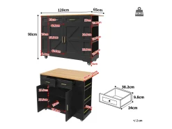 Carrinho de cozinha móvel com tampo extensível em folheado de madeira, 2 gavetas, 2 portas e prateleiras incluídas, preto - 120x65x90cm