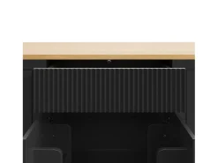 Carrinho de cozinha preto com 2 portas, 3 gavetas e compartimento para o lixo, puxadores em metal, tampo com textura de madeira