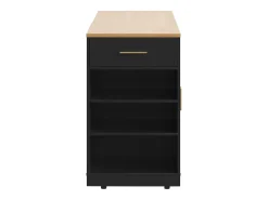 Carrinho de cozinha preto com 2 portas, 3 gavetas e compartimento para o lixo, puxadores em metal, tampo com textura de madeira