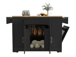 Carrinho de cozinha preto com 2 portas, 3 gavetas e compartimento para o lixo, puxadores em metal, tampo com textura de madeira