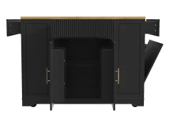 Carrinho de cozinha preto com 2 portas, 3 gavetas e compartimento para o lixo, puxadores em metal, tampo com textura de madeira