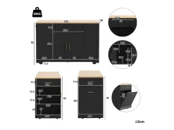 Carrinho de cozinha preto com 2 portas, 3 gavetas e compartimento para o lixo, puxadores em metal, tampo com textura de madeira
