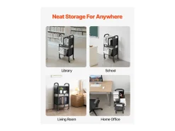 Carrinho de Livros SucceBuy, Capacidade de Carga 70 kg, Carrinho de Biblioteca, 45 x 33 x 88 cm, Prateleira de Armazenamento de Livros Dupla Face em L, Preto