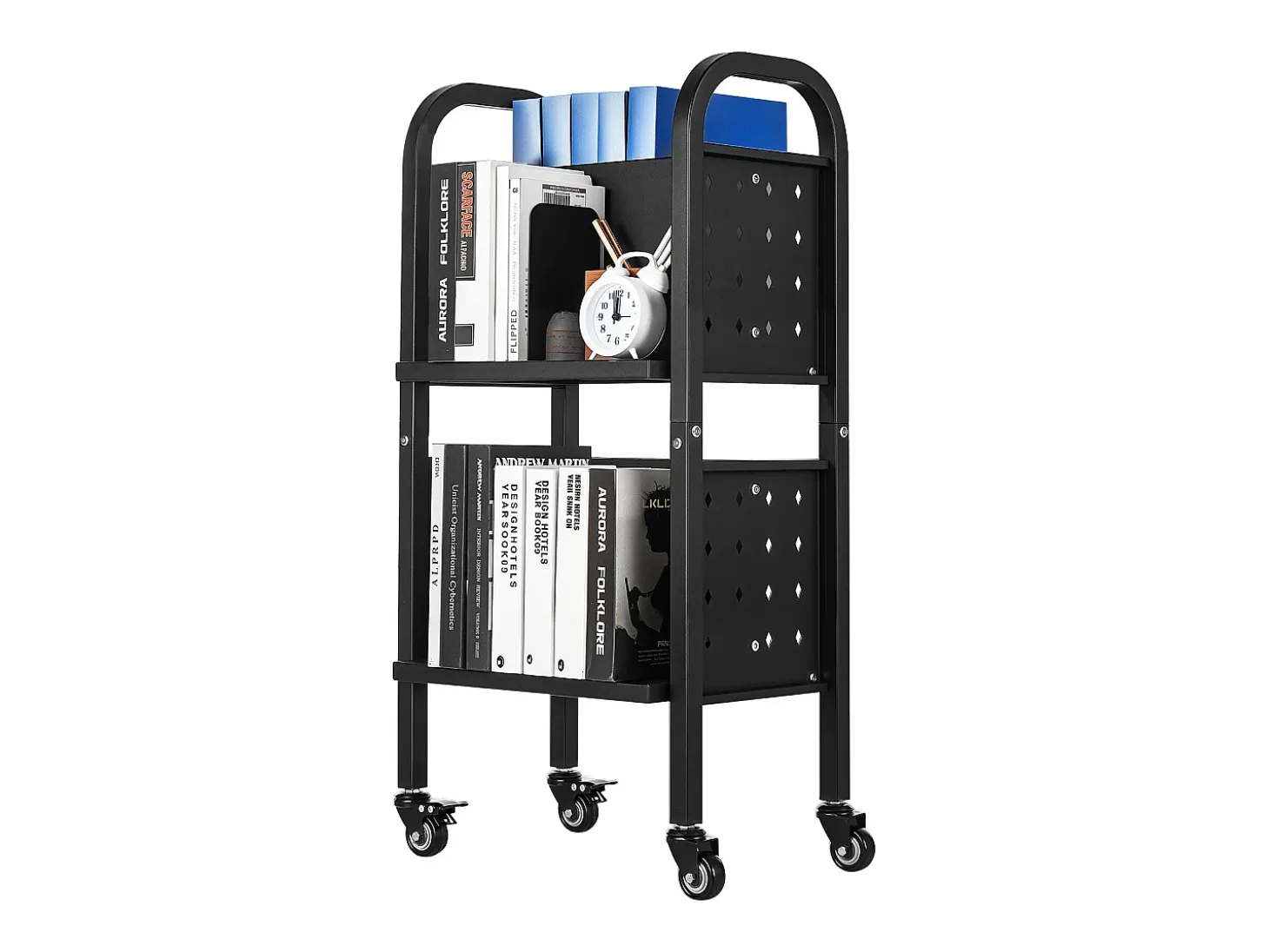 Carrinho de Livros SucceBuy, Capacidade de Carga 70 kg, Carrinho de Biblioteca, 45 x 33 x 88 cm, Prateleira de Armazenamento de Livros Dupla Face em L, Preto