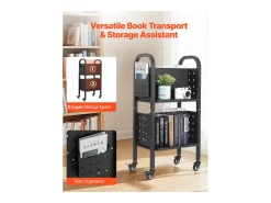 Carrinho de Livros SucceBuy, Capacidade de Carga 70 kg, Carrinho de Biblioteca, 45 x 33 x 88 cm, Prateleira de Armazenamento de Livros Dupla Face em L, Preto