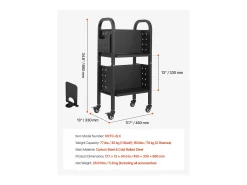 Carrinho de Livros SucceBuy, Capacidade de Carga 70 kg, Carrinho de Biblioteca, 45 x 33 x 88 cm, Prateleira de Armazenamento de Livros Dupla Face em L, Preto