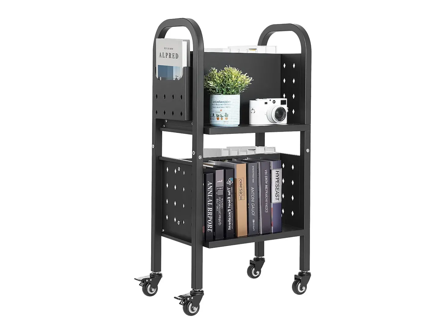 Carrinho de Livros SucceBuy, Capacidade de Carga 70 kg, Carrinho de Biblioteca, 45 x 33 x 88 cm, Prateleira de Armazenamento de Livros Dupla Face em L, Preto