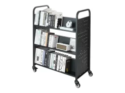 Carrinho de Livros SucceBuy, Capacidade de Carga 150 kg, 97x51,5x122,5 cm, Prateleira de Armazenamento de Livros Dupla Face em W com Rodas Freio Duplo, Preto