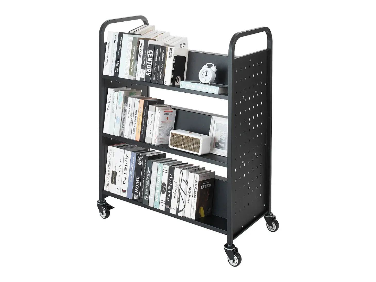 Carrinho de Livros SucceBuy, Capacidade de Carga 150 kg, 97x51,5x122,5 cm, Prateleira de Armazenamento de Livros Dupla Face em W com Rodas Freio Duplo, Preto