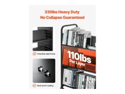 Carrinho de Livros SucceBuy, Capacidade de Carga 150 kg, 97x51,5x122,5 cm, Prateleira de Armazenamento de Livros Dupla Face em W com Rodas Freio Duplo, Preto