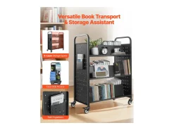 Carrinho de Livros SucceBuy, Capacidade de Carga 150 kg, 97x51,5x122,5 cm, Prateleira de Armazenamento de Livros Dupla Face em W com Rodas Freio Duplo, Preto
