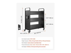 Carrinho de Livros SucceBuy, Capacidade de Carga 150 kg, 97x51,5x122,5 cm, Prateleira de Armazenamento de Livros Dupla Face em W com Rodas Freio Duplo, Preto
