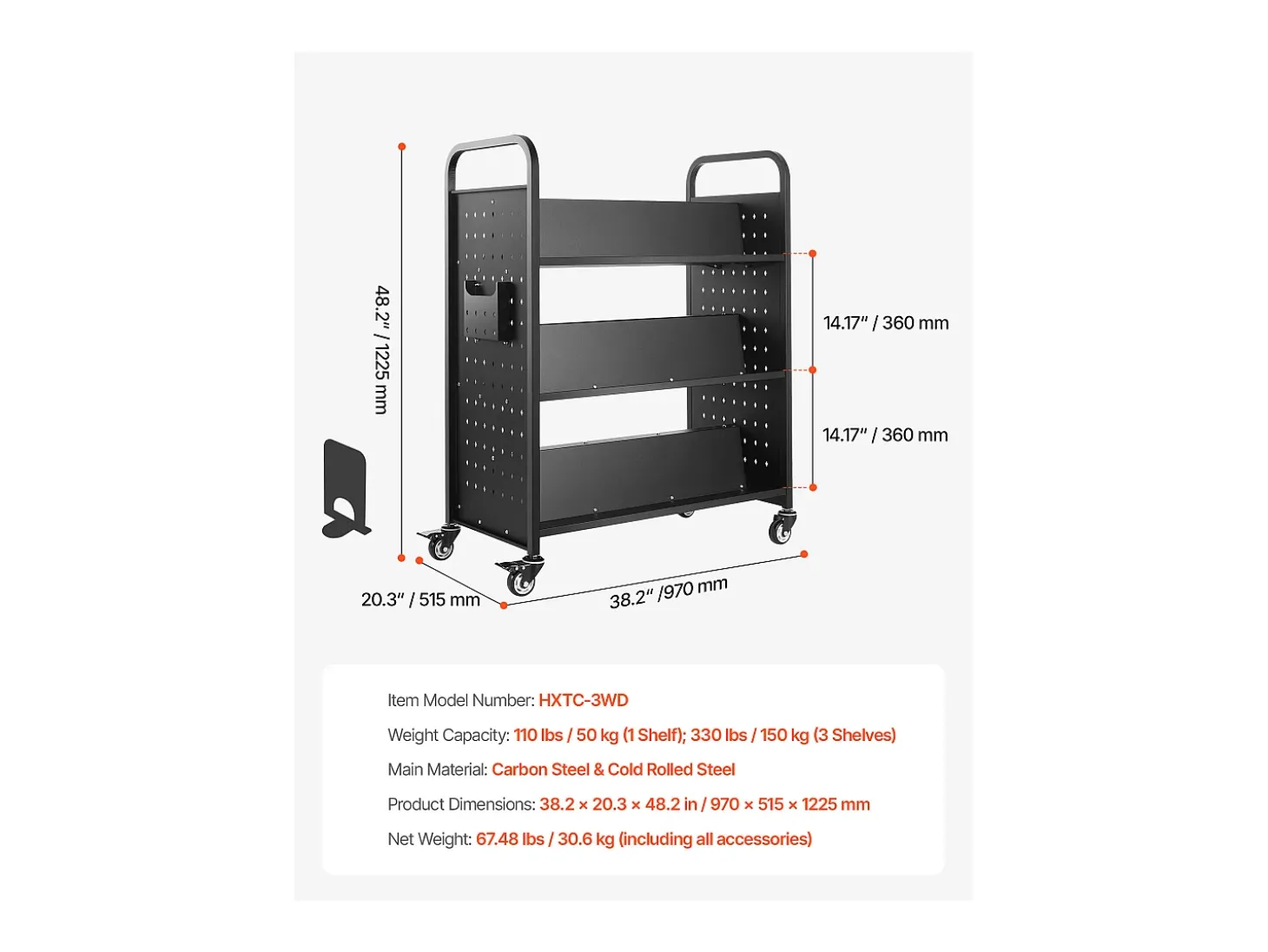 Carrinho de Livros SucceBuy, Capacidade de Carga 150 kg, 97x51,5x122,5 cm, Prateleira de Armazenamento de Livros Dupla Face em W com Rodas Freio Duplo, Preto