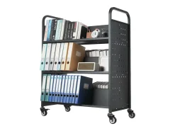 Carrinho de Livros SucceBuy, Capacidade de Carga 150 kg, 97x51,5x122,5 cm, Prateleira de Armazenamento de Livros Dupla Face em W com Rodas Freio Duplo, Preto