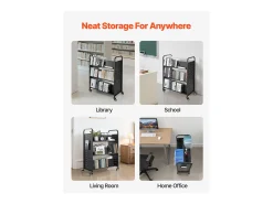 Carrinho de Livros SucceBuy, Capacidade de Carga 150 kg, 97x51,5x122,5 cm, Prateleira de Armazenamento de Livros Dupla Face em W com Rodas Freio Duplo, Preto