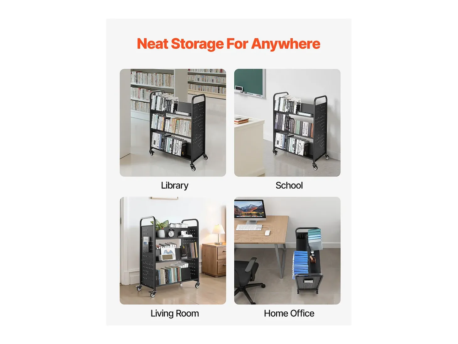 Carrinho de Livros SucceBuy, Capacidade de Carga 150 kg, 97x51,5x122,5 cm, Prateleira de Armazenamento de Livros Dupla Face em W com Rodas Freio Duplo, Preto