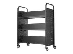 Carrinho de Livros SucceBuy, Capacidade de Carga 150 kg, 97x51,5x122,5 cm, Prateleira de Armazenamento de Livros Dupla Face em W com Rodas Freio Duplo, Preto