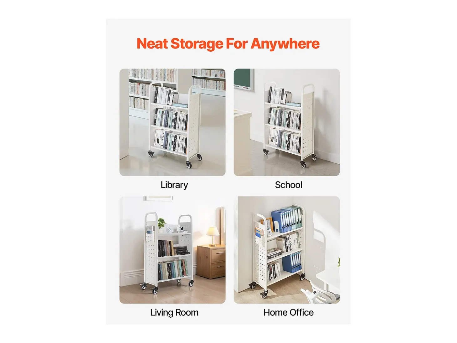 Carrinho de Livros SucceBuy, Capacidade de Carga 150 kg, Carrinho de Biblioteca, 77 x 38 x 122 cm, Prateleira de Armazenamento de Livros Face Única em V, Branco