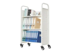 Carrinho de Livros SucceBuy, Capacidade de Carga 150 kg, Carrinho de Biblioteca, 77 x 38 x 122 cm, Prateleira de Armazenamento de Livros Face Única em V, Branco