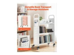 Carrinho de Livros SucceBuy, Capacidade de Carga 150 kg, Carrinho de Biblioteca, 77 x 38 x 122 cm, Prateleira de Armazenamento de Livros Face Única em V, Branco