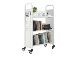 Carrinho de Livros SucceBuy, Capacidade de Carga 150 kg, Carrinho de Biblioteca, 77 x 38 x 122 cm, Prateleira de Armazenamento de Livros Face Única em V, Branco