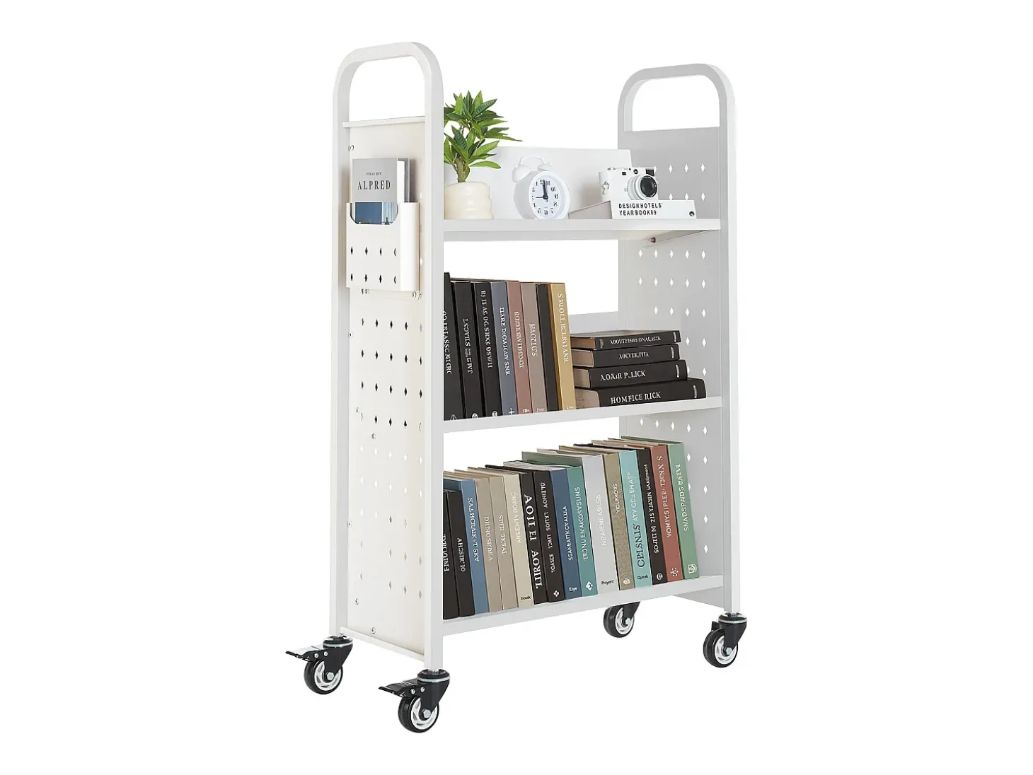 Carrinho de Livros SucceBuy, Capacidade de Carga 150 kg, Carrinho de Biblioteca, 77 x 38 x 122 cm, Prateleira de Armazenamento de Livros Face Única em V, Branco