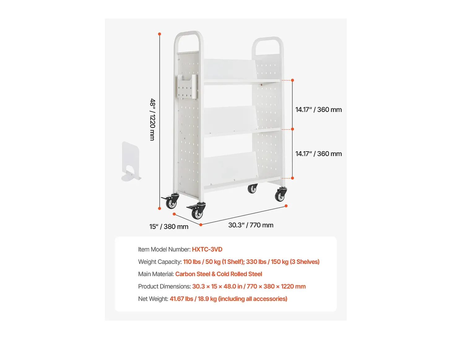 Carrinho de Livros SucceBuy, Capacidade de Carga 150 kg, Carrinho de Biblioteca, 77 x 38 x 122 cm, Prateleira de Armazenamento de Livros Face Única em V, Branco