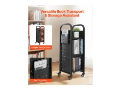 Carrinho de Livros SucceBuy, Capacidade de Carga 100 kg, Carrinho de Biblioteca, 32 x 35 x 93,5 cm, Prateleira de Armazenamento de Livros Face Única em L, Preto