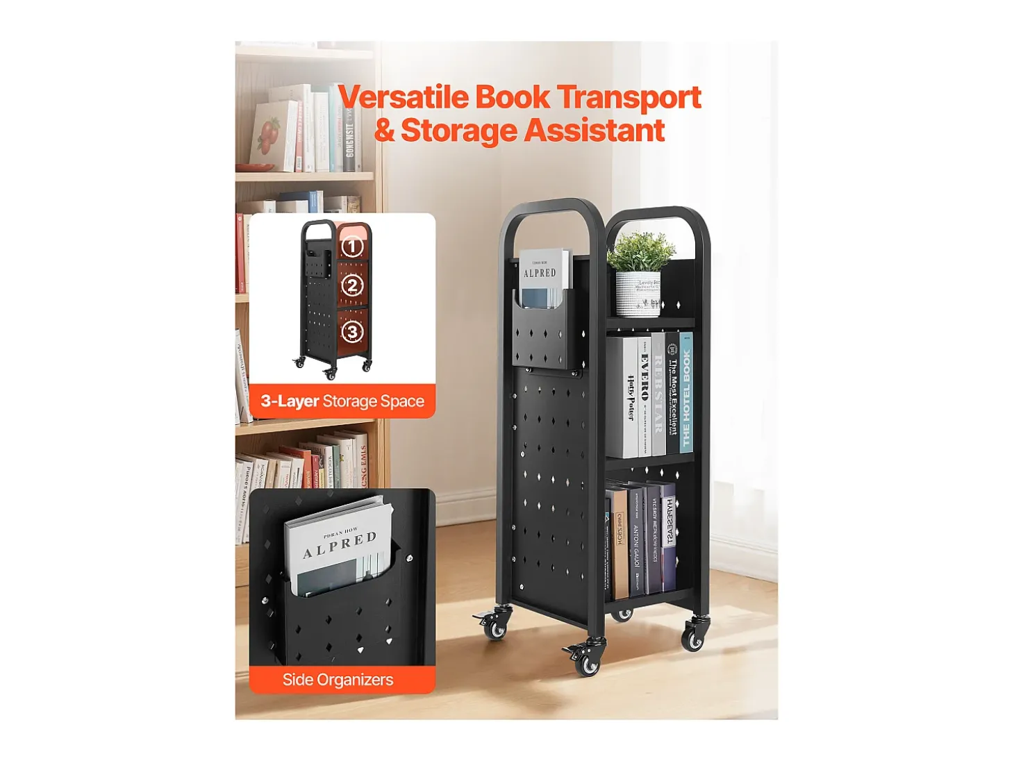 Carrinho de Livros SucceBuy, Capacidade de Carga 100 kg, Carrinho de Biblioteca, 32 x 35 x 93,5 cm, Prateleira de Armazenamento de Livros Face Única em L, Preto
