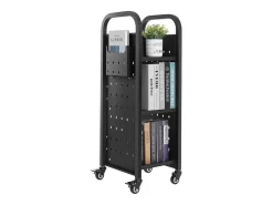 Carrinho de Livros SucceBuy, Capacidade de Carga 100 kg, Carrinho de Biblioteca, 32 x 35 x 93,5 cm, Prateleira de Armazenamento de Livros Face Única em L, Preto
