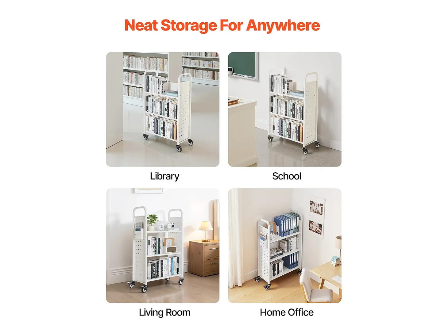 Carrinho de Livros SucceBuy, Capacidade de Carga 150 kg, Carrinho de Biblioteca, 77 x 38 x 122 cm, Prateleira de Armazenamento de Livros Face Única em L, Branco