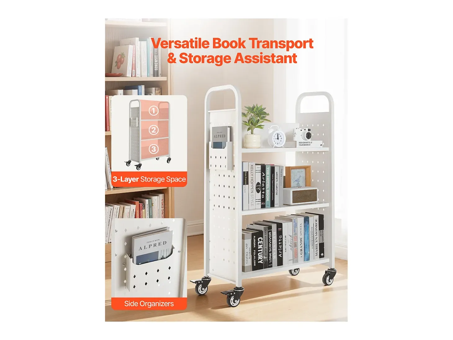 Carrinho de Livros SucceBuy, Capacidade de Carga 150 kg, Carrinho de Biblioteca, 77 x 38 x 122 cm, Prateleira de Armazenamento de Livros Face Única em L, Branco