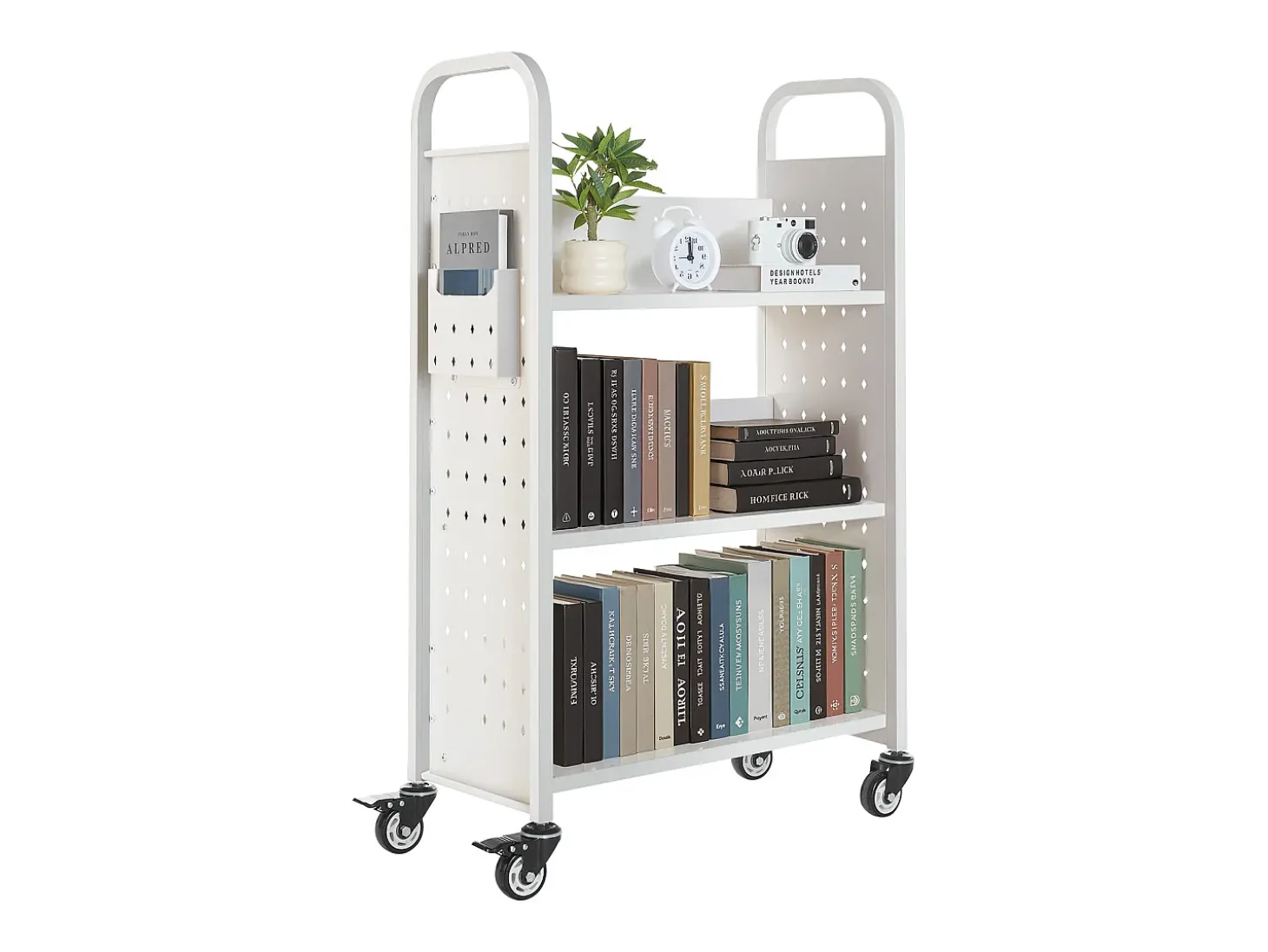 Carrinho de Livros SucceBuy, Capacidade de Carga 150 kg, Carrinho de Biblioteca, 77 x 38 x 122 cm, Prateleira de Armazenamento de Livros Face Única em L, Branco